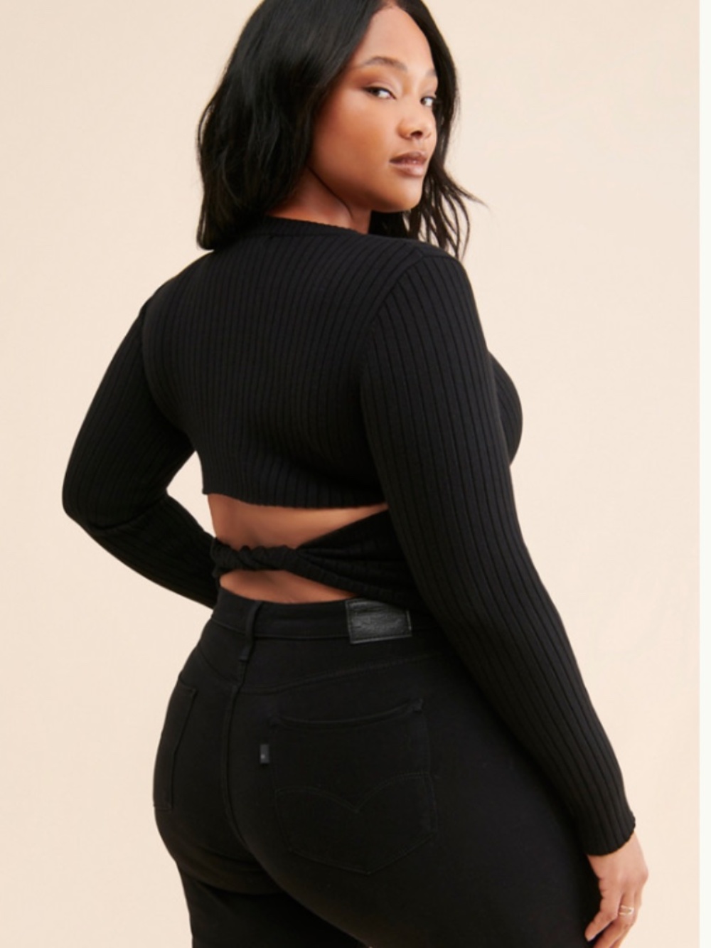 4th & Reckless Black Ribbed Cross Front Cut Out Long Sleeve Sweater Size Large - Picture 3 of 6